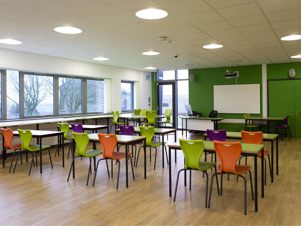 school-environment large empty colourful classroom